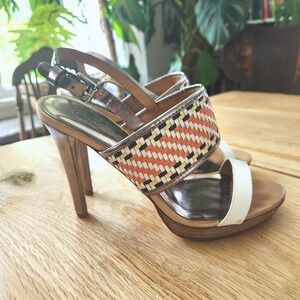 Coach Steffi Black White Orange Silver Woven Sandals Strappy Heels Metallic‎ 7.5